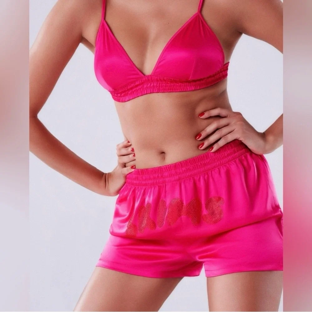 SKIMS Woven Shine Rhinestone Logo BOXERS & BRA in Raspberry - Picture 3 of 13